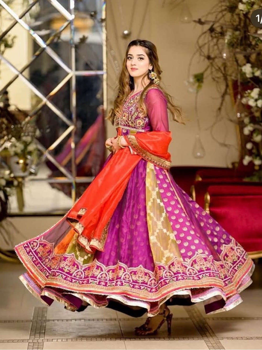 Embroidered Purple and Gold Anarkali Dress with Orange Dupatta